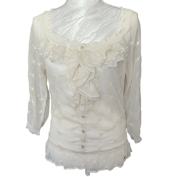 Abercrombie & Fitch Tops - Abercrombie Fitch Sz XS Sheer Blouse Ruffles Elastic Waist Embroidered Victorian